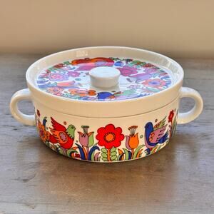 Royal Crown Bowl Lid Porcelain Paradise Birds Tulips Ovenware 33-698 VTG 1960s